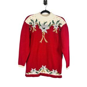 Vintage Wool Christmas Knit Sweater Red M Festive Holiday Classic Chic 80s Beads